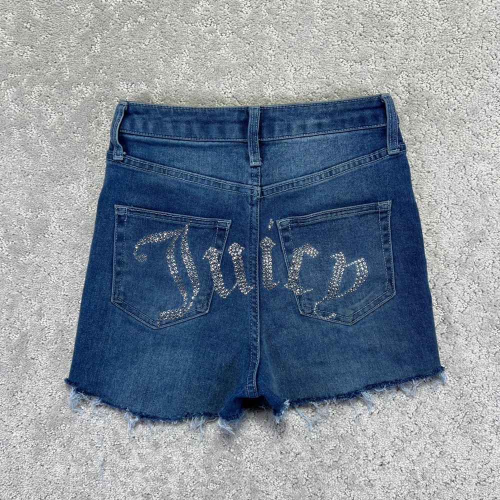 Juicy Couture Denim Shorts Womens 1/25 Blue High Rise Rhinestone Logo Bling Mini